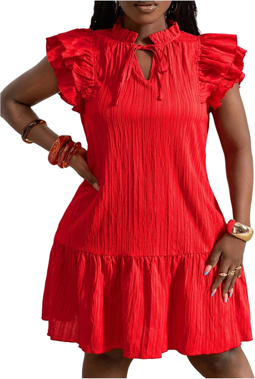 Floerns Women's Plus Size Ruffle Short Dress Summer Tiered Flounce Sleeve Tie Neck Vacation Sundress