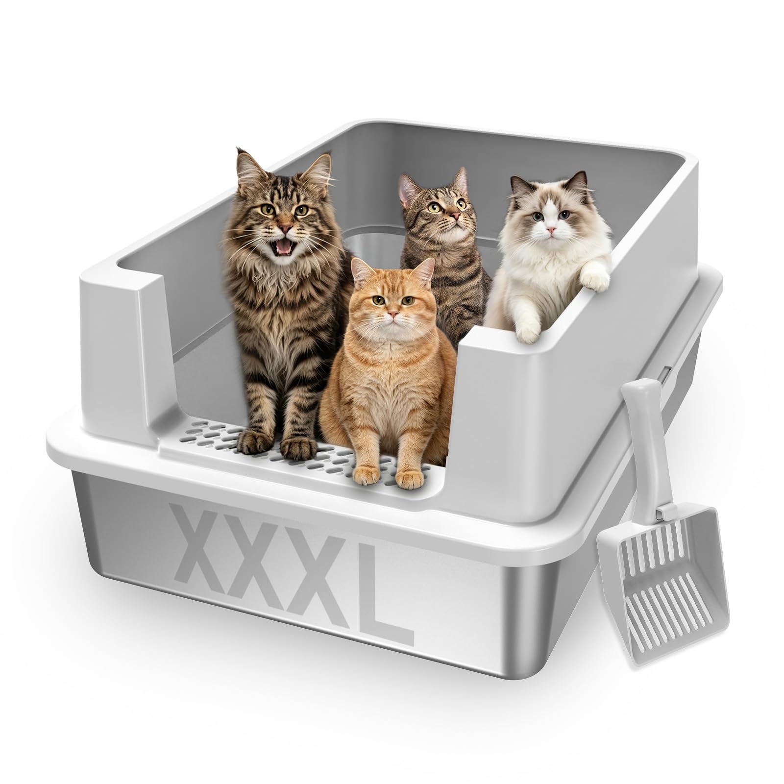 AIPERRO Caja de arena extragrande de acero inoxidable para gatos grandes y gatos múltiples, cajas de metal jumbo con tapa de lado alto, antifugas de orina, antiadherente, incluye pala de arena (gris
