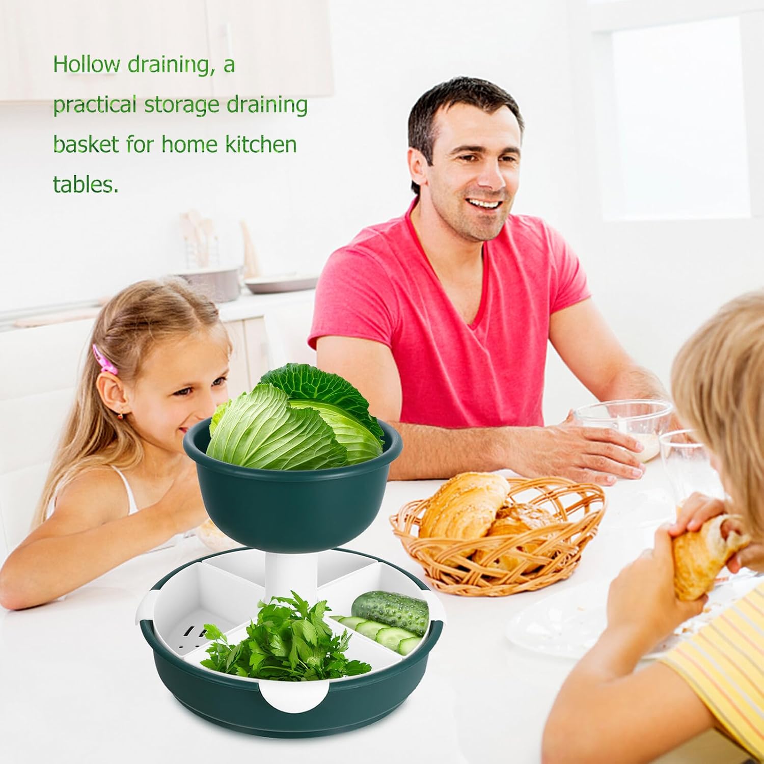 Double-layer Fruit Vegetable Washing Basket with Drainage Colander, Mint Green Plastic Food Strainer for Kitchen Hot Pot and Produce Cleaning, Space-saving Draining Bowl for Home