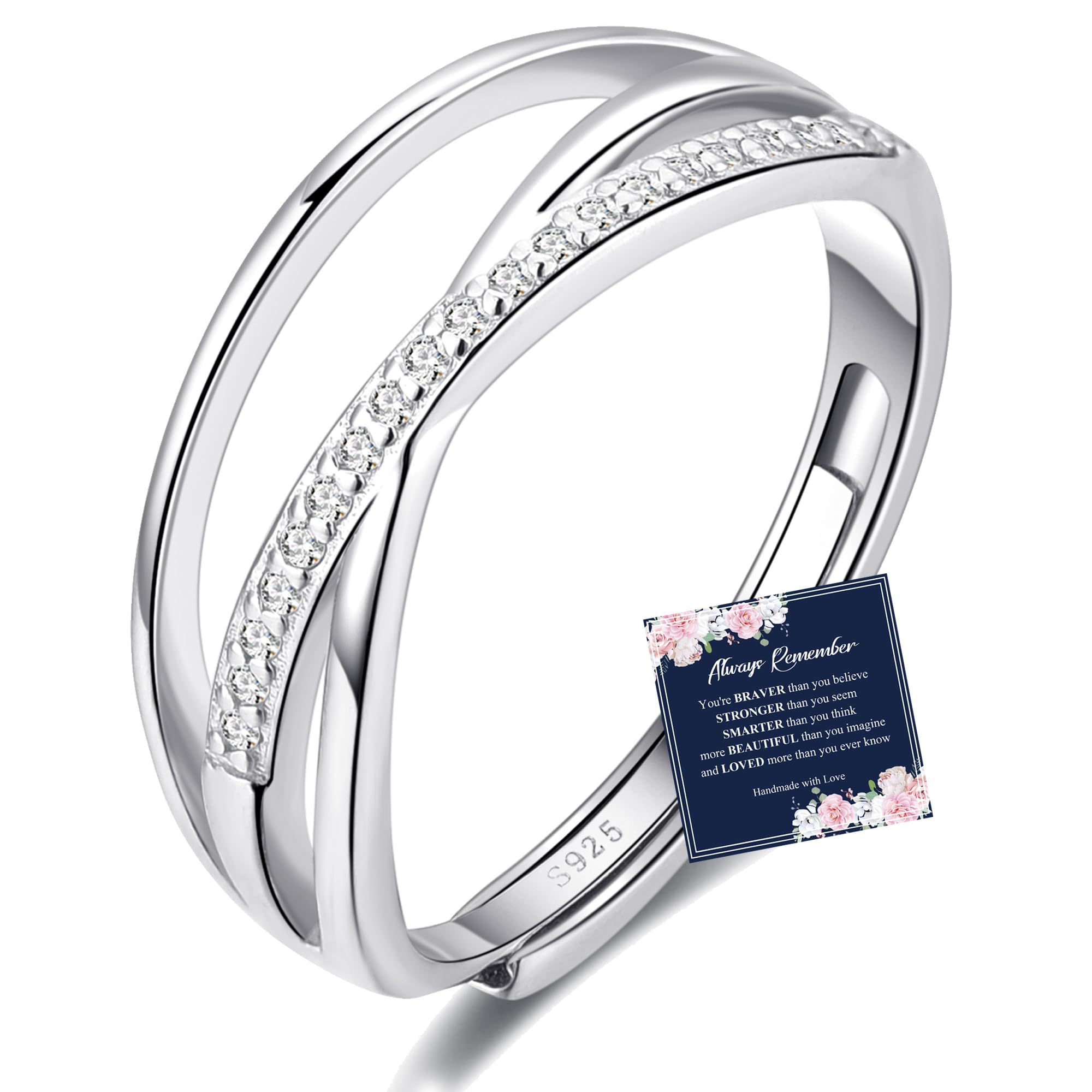 OOOPEL Sterling Silver Adjustable Ring S925 Silver Rings for Women Cubic Zirconia Twist Love Knot Dainty Ring Silver Minimalist Open Finger Rings