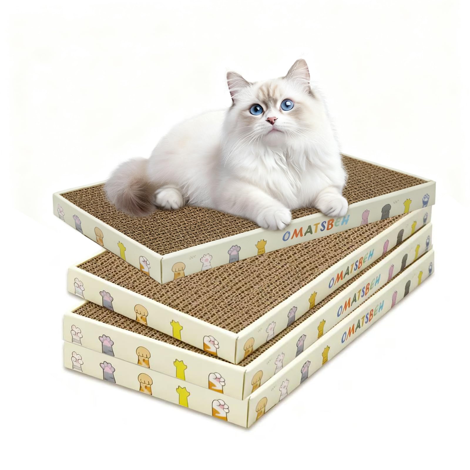 OMATSBEH Cat Scratching Board 2 Pack – Reversible Cardboard Scratcher for Indoor Cats, Corrugate Cat Scratcher, Double-Sided Usability as Furniture Protector (White-4 Pack)