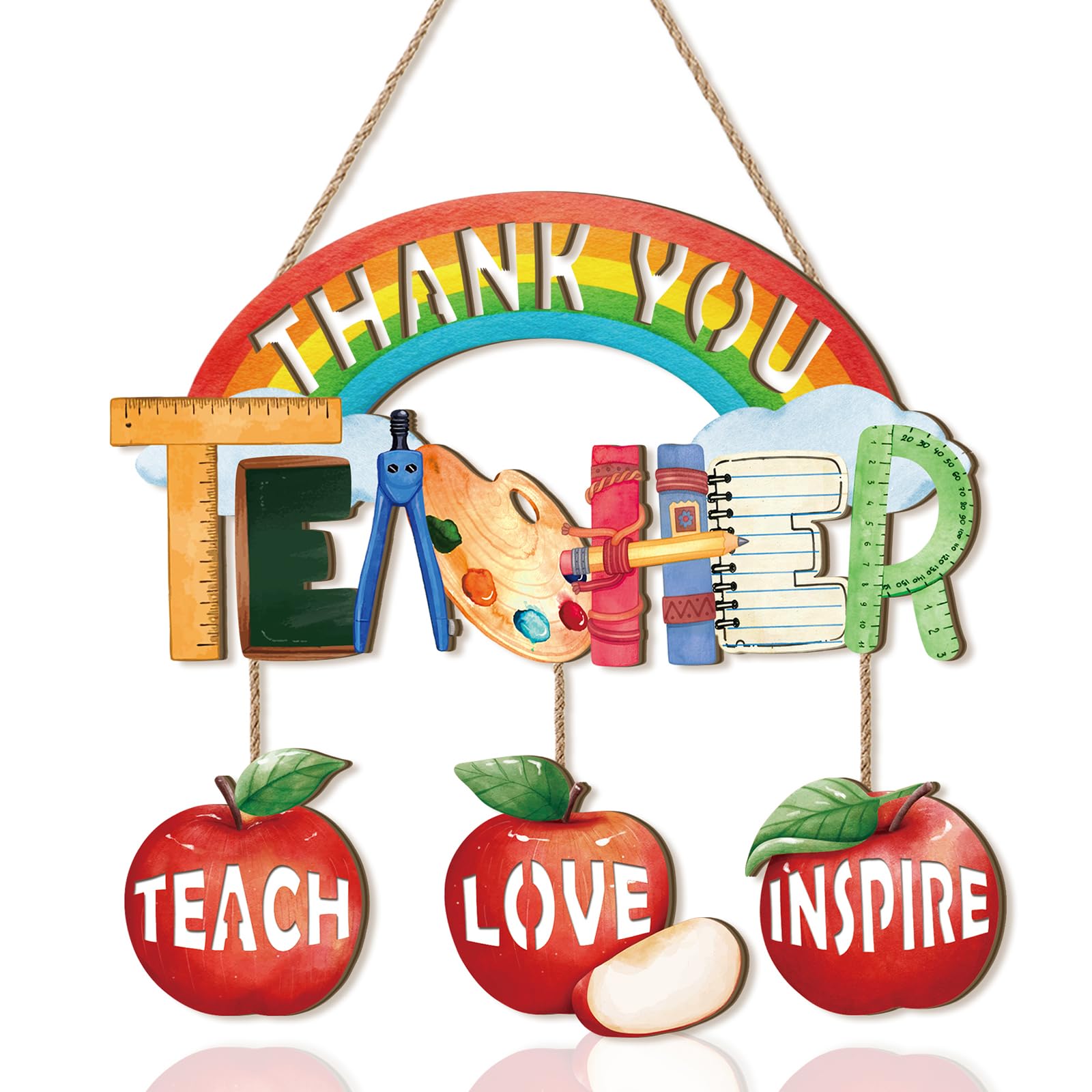ANHUIB Thank You Teacher Wooden Hanging Sign Rainbow Apple Wall Plaque Teach Love Inspire Teacher Appreciation Hanging Door Sign Classroom Home Wall Decor End of Term Teacher Gift — image 1