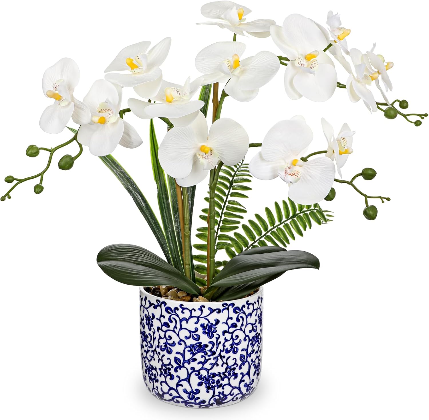 Briful White Orchid Artificial Flowers with Blue and White Pot, 16.9" Silk Orchid Fake Plant Faux Orchids for Home Office Shelf Room Table Centerpiece Decor