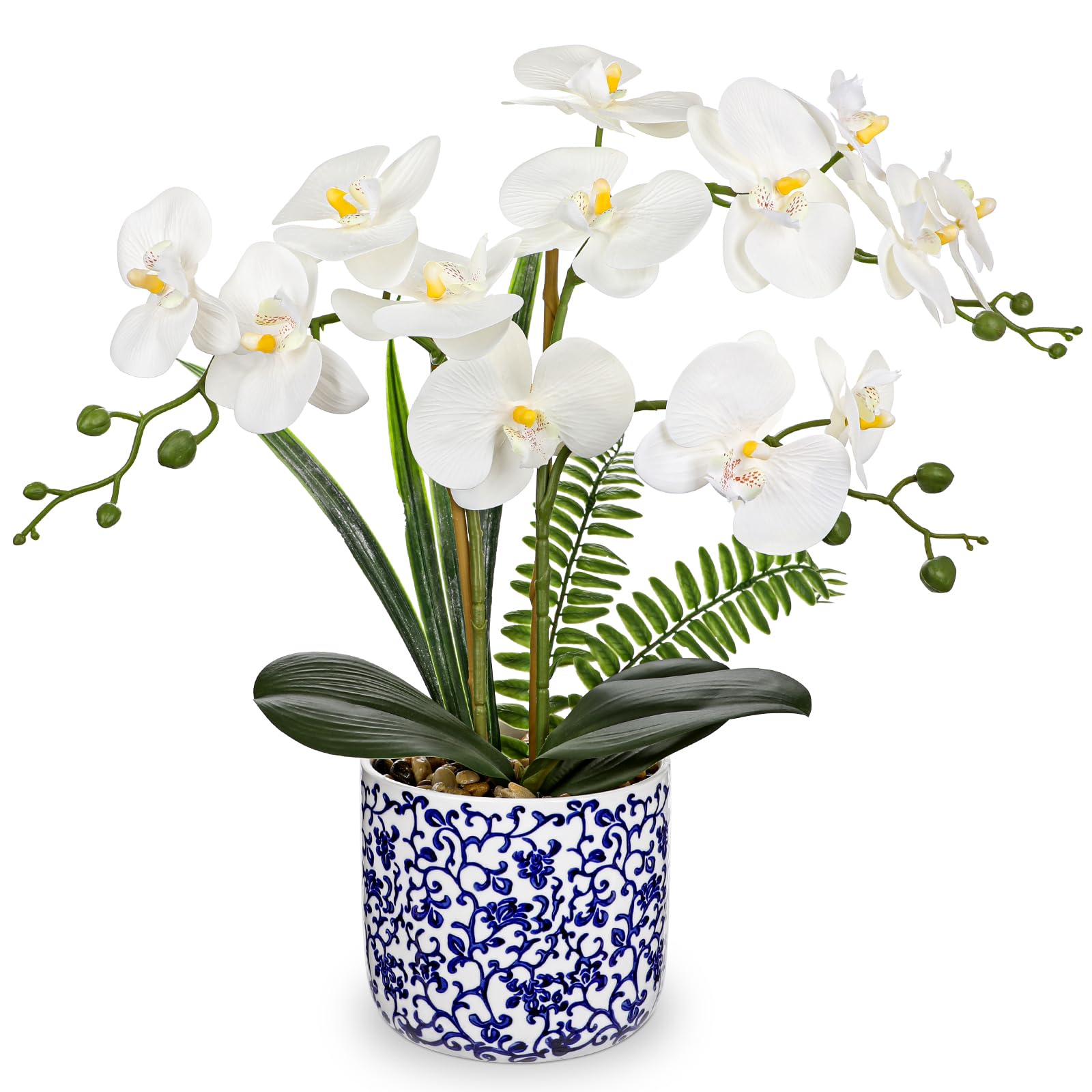 Oairse White Orchid Artificial Flowers with Blue and White Pot, 16.9" Silk Orchid Fake Plant Faux Orchids for Home Office Shelf Room Table Centerpiece Decor