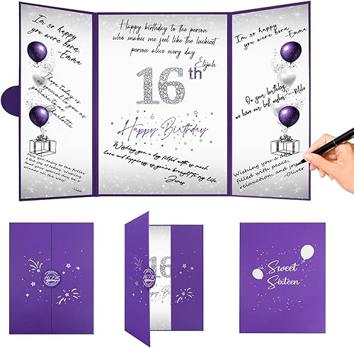 Crenics Decoraciones de cumpleaños de 16 años, alternativa creativa para libro de invitados de cumpleaños número 16, morado y plateado, libro de