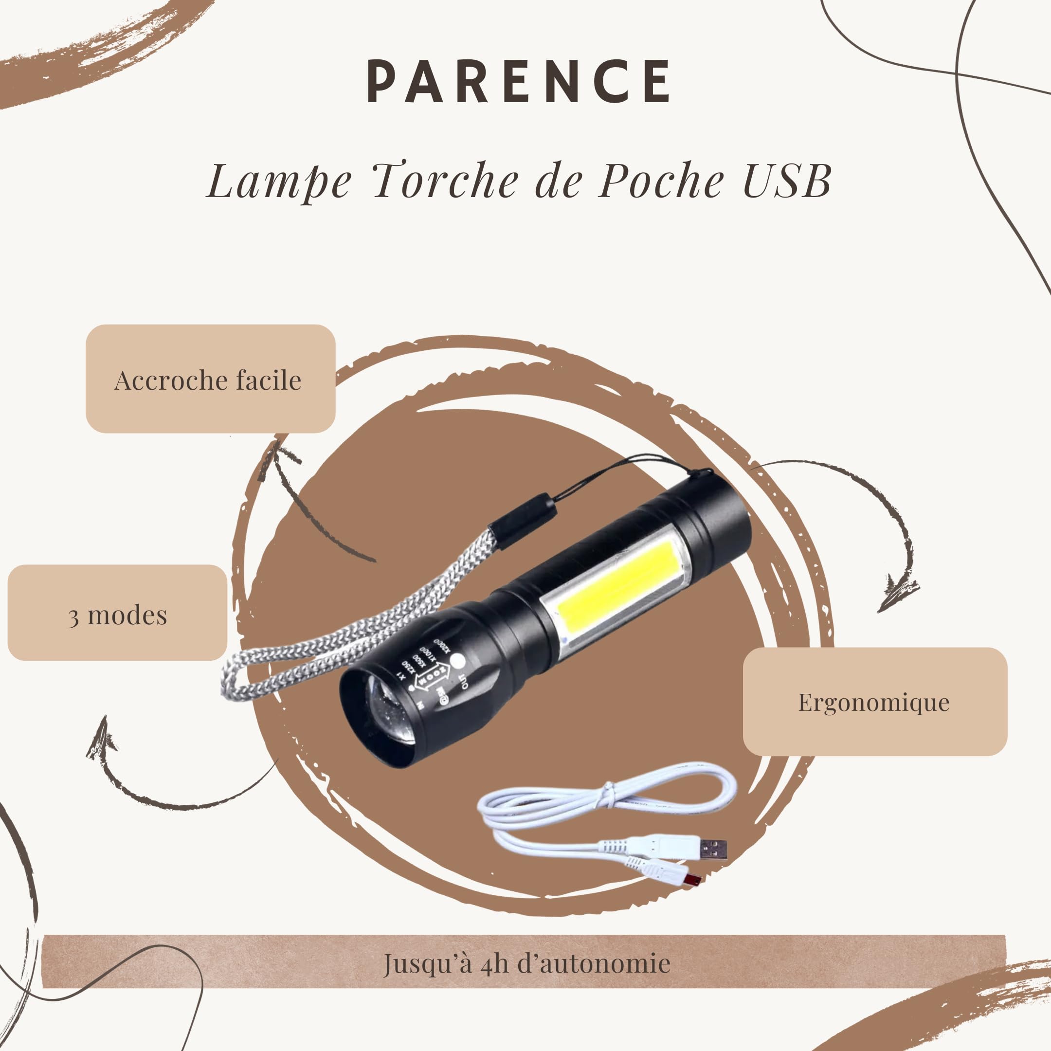 PARENCE.- Ładowalna latarka USB / 3 tryby światła: normalna strona stroboskopowa/stop aluminium - Potężna latarnia z przewodem, futerał, dziennikiem, pracą