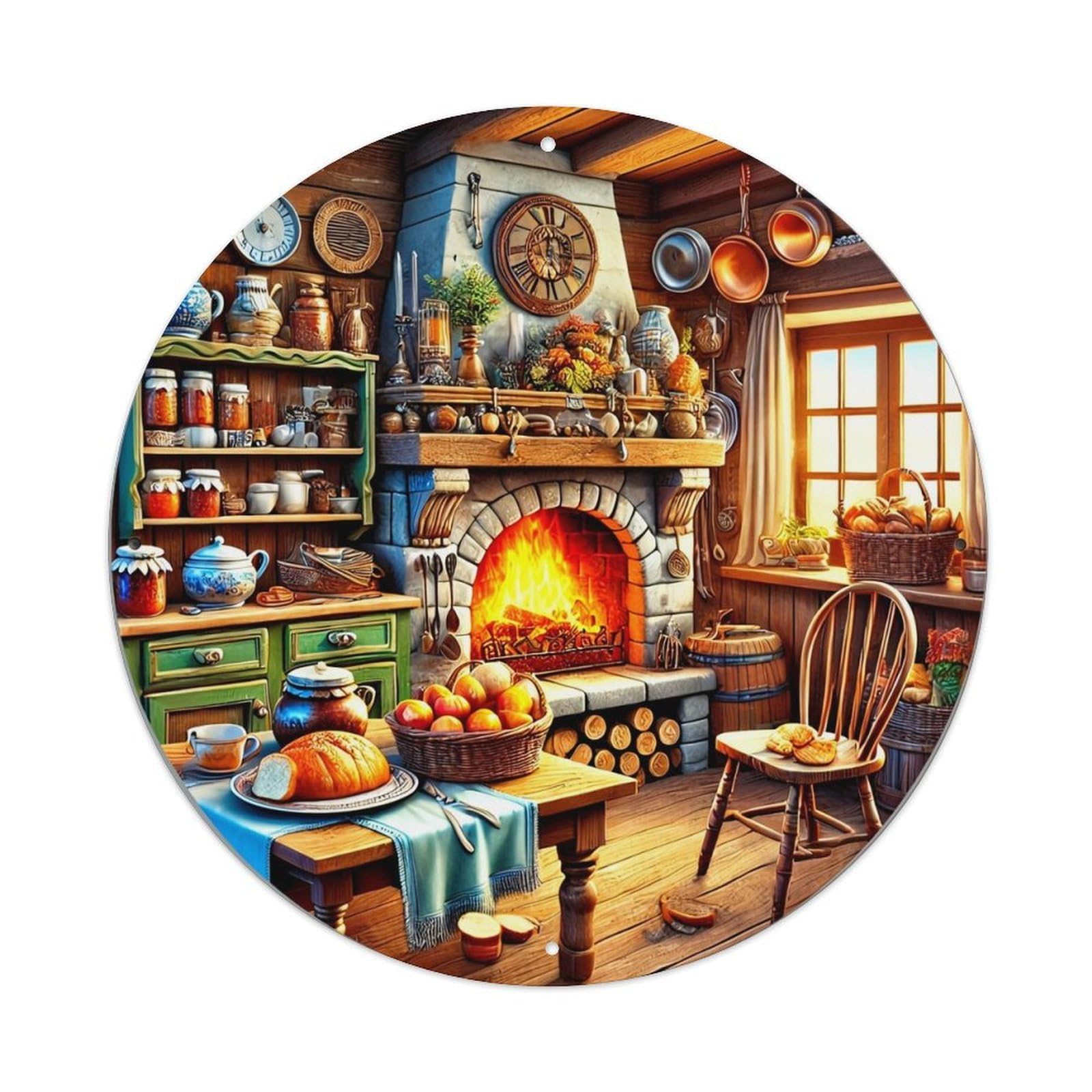 Cozy Rustic Kitchen Scene Print Vintage Metal Tin Sign Retro Wall Decor for Home Bar Garage Cafe, Indoor & Outdoor Decorative，circle Metal Poster, 8x8 Inch