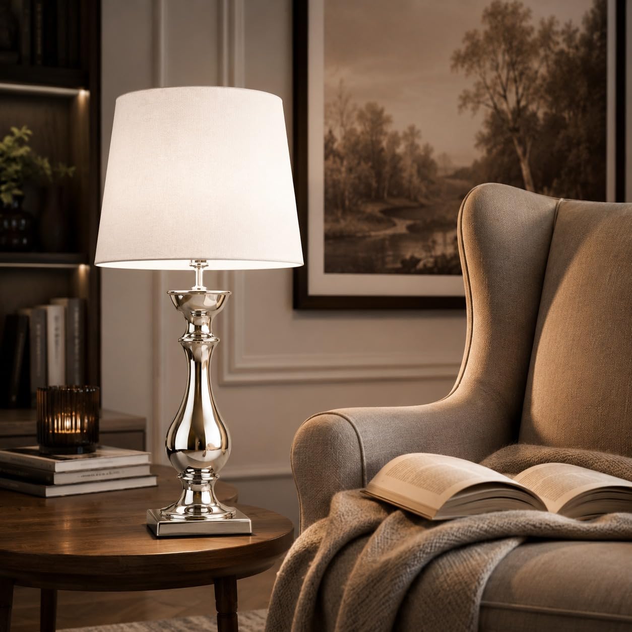 Tischlampe Silber Keramik 60 cm mit Weißem Stoffschirm – Nachttischlampe Schlafzimmer, Moderne Tischleuchte Wohnzimmer, E27 Tischleuchte mit Kabelschalter, Dekolampe, Leselampe für Büro & Flur