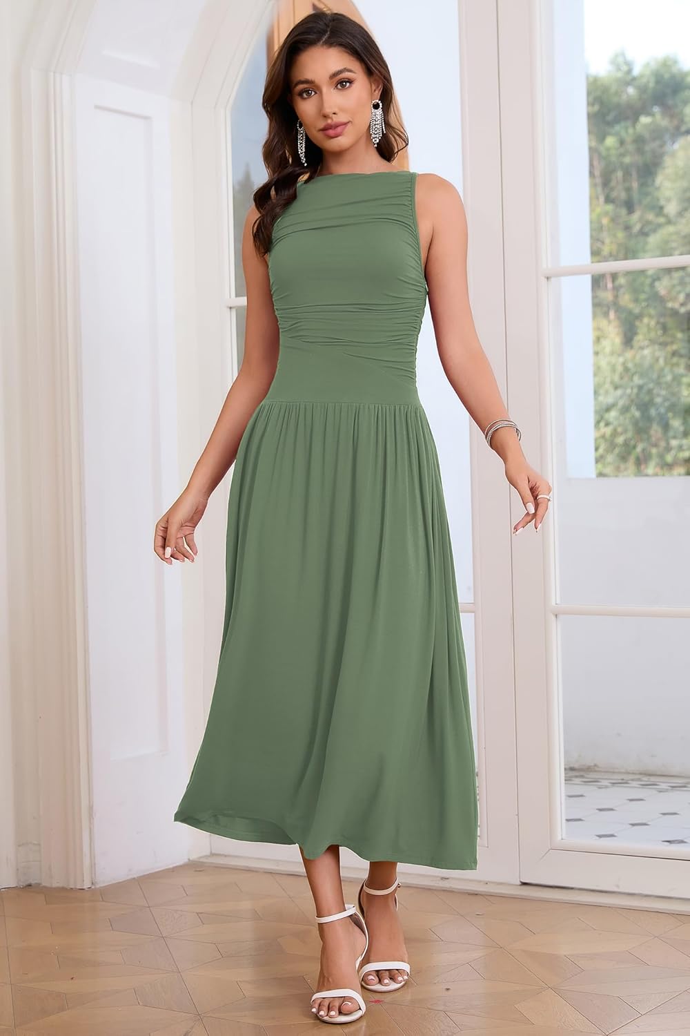 2026 Summer Formal Dresses for Women Casual Ruched Maxi Dress Sleeveless Drop Waist Boat Neck Long Flowy Sundress