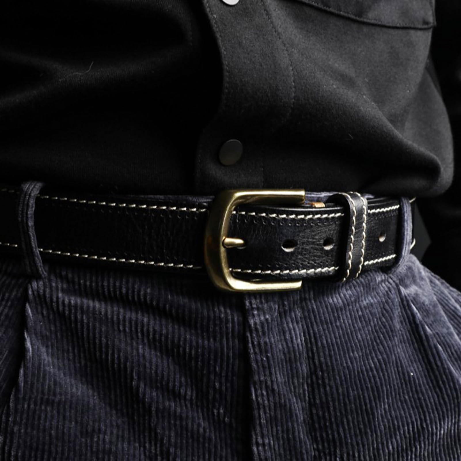 Gürtel Gesteppter Ledergürtel Vollleder Jeansgürtel Damen Herren Rindleder Handgemacht echtes Leder für Jeans Hosen Kleider Mode Goldschnalle(130cm/51, Black)