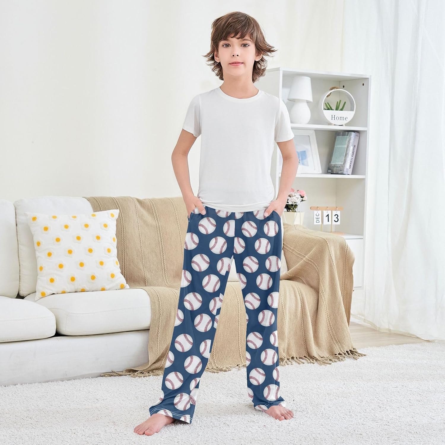 Cute Baseball Blue Pattern Lounge Pajama Pants Soft PJ Bottoms for Sleepwear Ages 6-14 Years