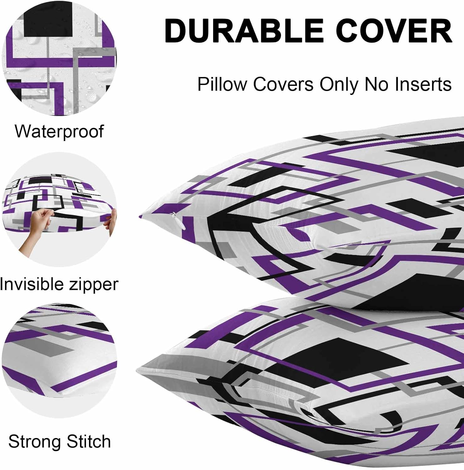 Chucoco Outdoor Waterproof Throw Pillow Cover Geometric Purple Black White Squares Grid Decorative Pillows Cushion Covers Modern Art 2 Pack Pillow Cases for Patio Garden Balcony Couch Sofa 20x20In