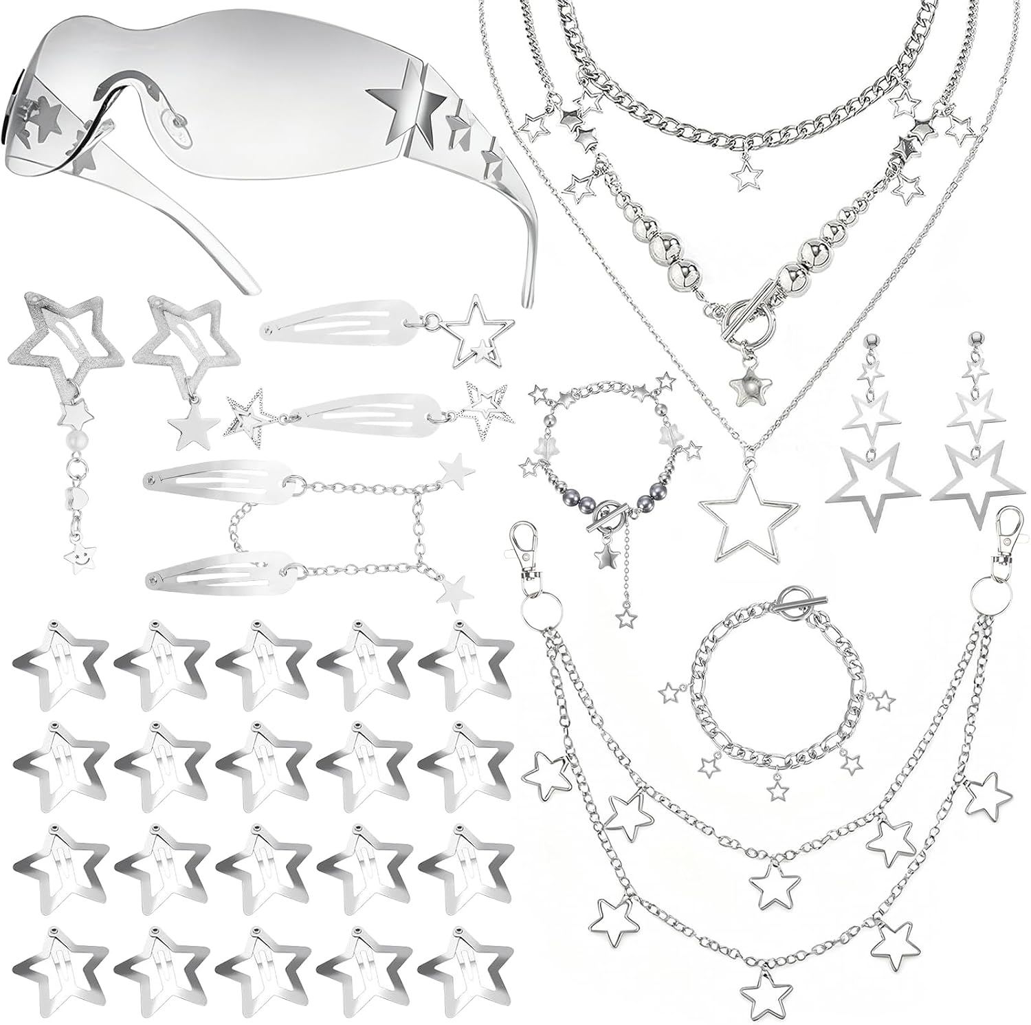Draupnir Y2k Accessories Set Included Grunge Layered Necklace Y2K Bracelet Star Earrings Silver Hair Clip Y2K Star Hair Clip Sunglasses and Hip Hop Pants Chain for Women Girls