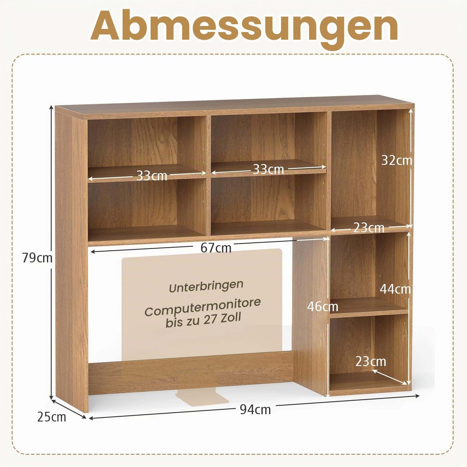 GIANTEX Schreibtisch Regal, Tischregal mit Würfeln, 94 x 25 x 79 cm Aufbewahrungsregal mit 3 verstellbare Regale & 2 Kipp-Schutzsets, Schreibtischregal für Büro, Schlafzimmer (Natur)