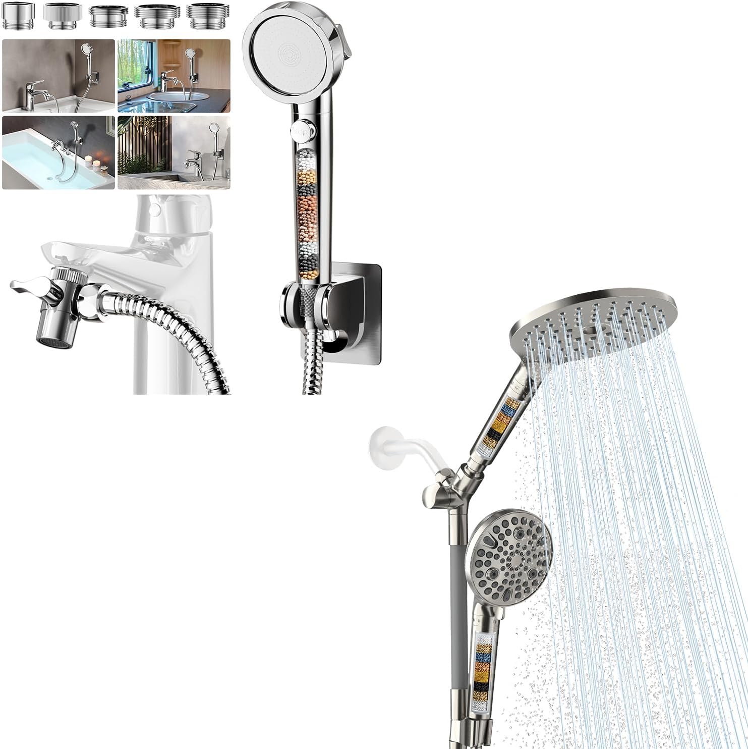 HOWUWEY Chrome Filtered Shower Sprayer with Sink Hose Attachment for Faucet & HOWUWEY Brushed Nickel Dual Shower Heads with Handheld Spray