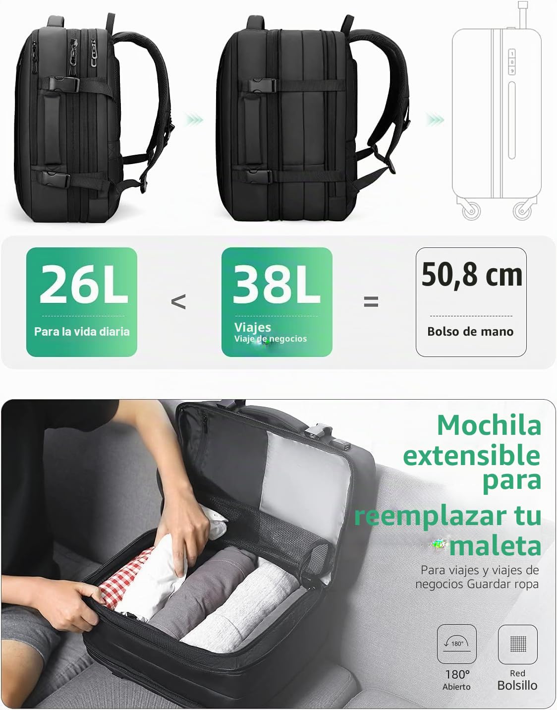 MARK RYDEN - Mochila de viaje profesional de 23 l/40 l, bolsa de fin de semana extensible ligera y aprobada para el vuelo con puerto de carga USB para ordenador portátil 17,3