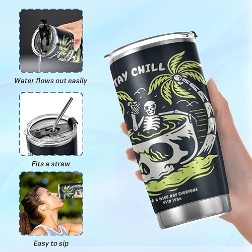 Miniatura 6 de Vaso térmico de 20 onzas con diseño de calavera y palmera de verano con diseño de esqueleto, taza de vino con aislamiento térmico para bebidas frías
