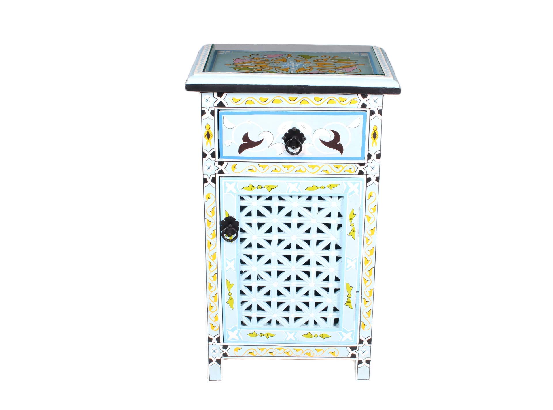 Moroccan Turquoise Nightstand Table Arabic Design with Glass Top Buy