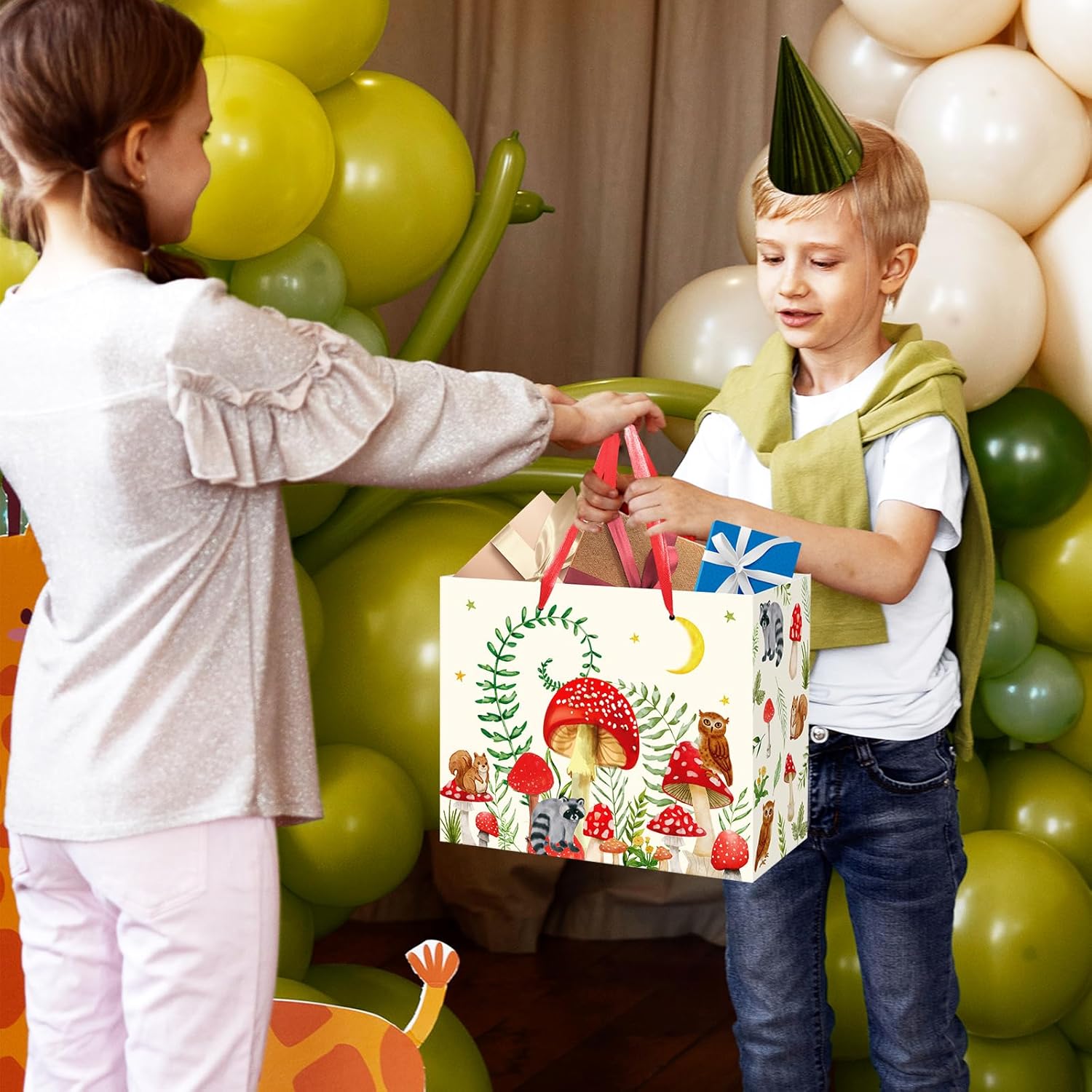 Mushroom Gift Bag for Mushroom Party Decoration Mushroom Birthday Gift Bag with Tissue Papers and Card Mushroom Themed Wrapping Bags Squirrel Owl for Boys Girls Xmas Jungle Party Christmas Baby Shower - Image 3