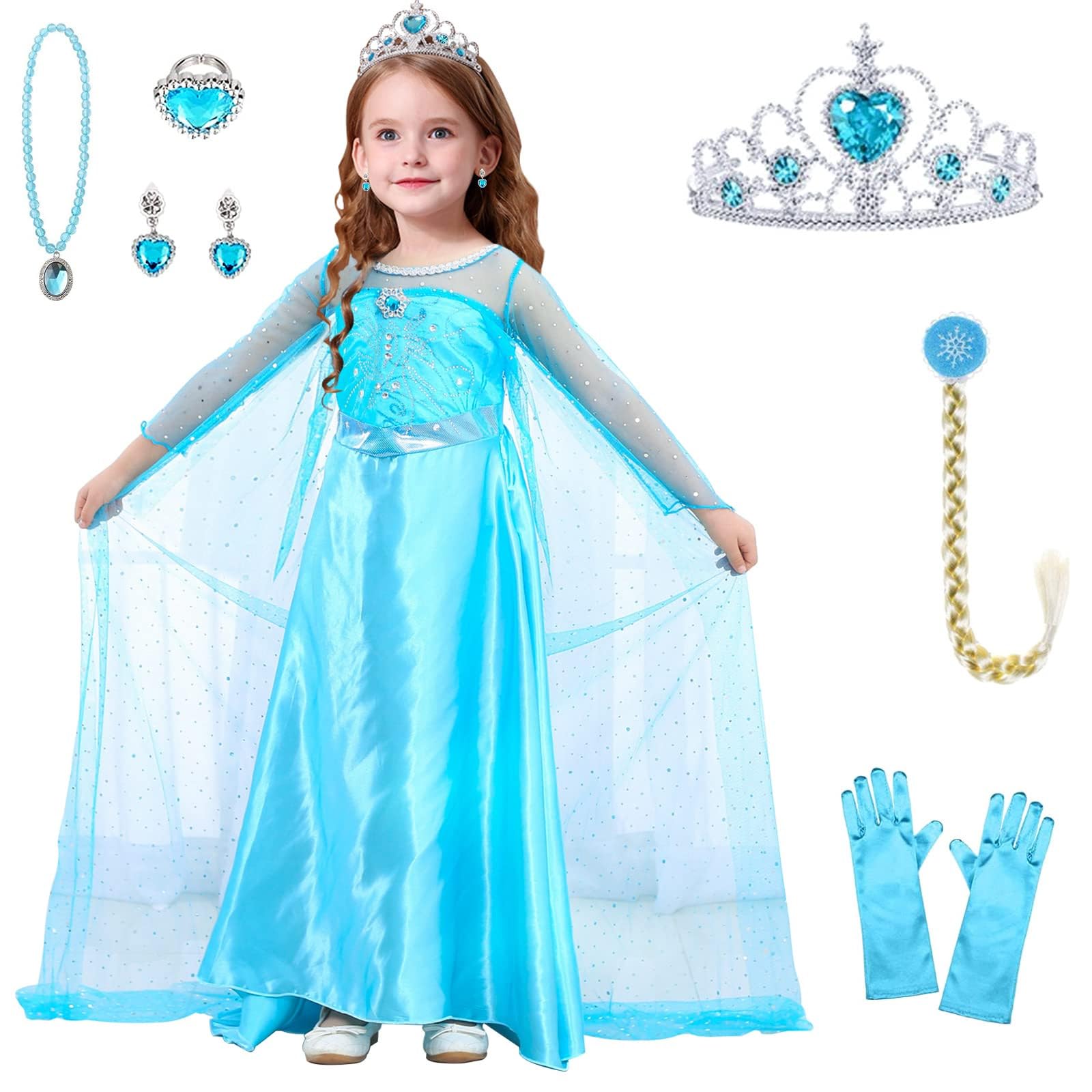 YADODO Disfraz Elsa Niña 2~7 Años Disfraces de Elsa Princesa con Accesorios de Tiara Elsa Vestido de Princesa Elsa Niñas para Niña de Cosplay Carnaval y Fiesta Cumpleaños Halloween