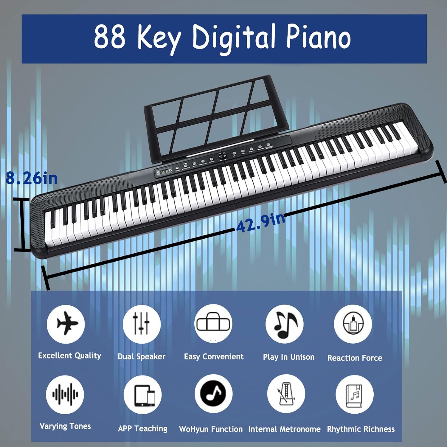 88 key digital piano, electronic keyboard piano with music stand, power supply, sustain pedal, stand, bluetooth, carrying case, headphones, usb-midi, for beginner professional at home, stage
