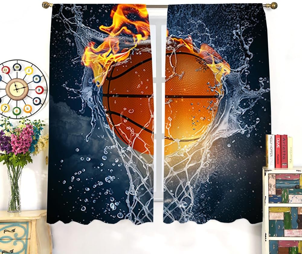 Brebasf Sports Basketball Blackout Curtain Abstract Flame Basketball Theme Orange Cool 3D Ball Gamer Rod Pocket Window Thermal Insulating Drapes Decor for Bedroom Curtains 2 Panels 63" L x 36" W