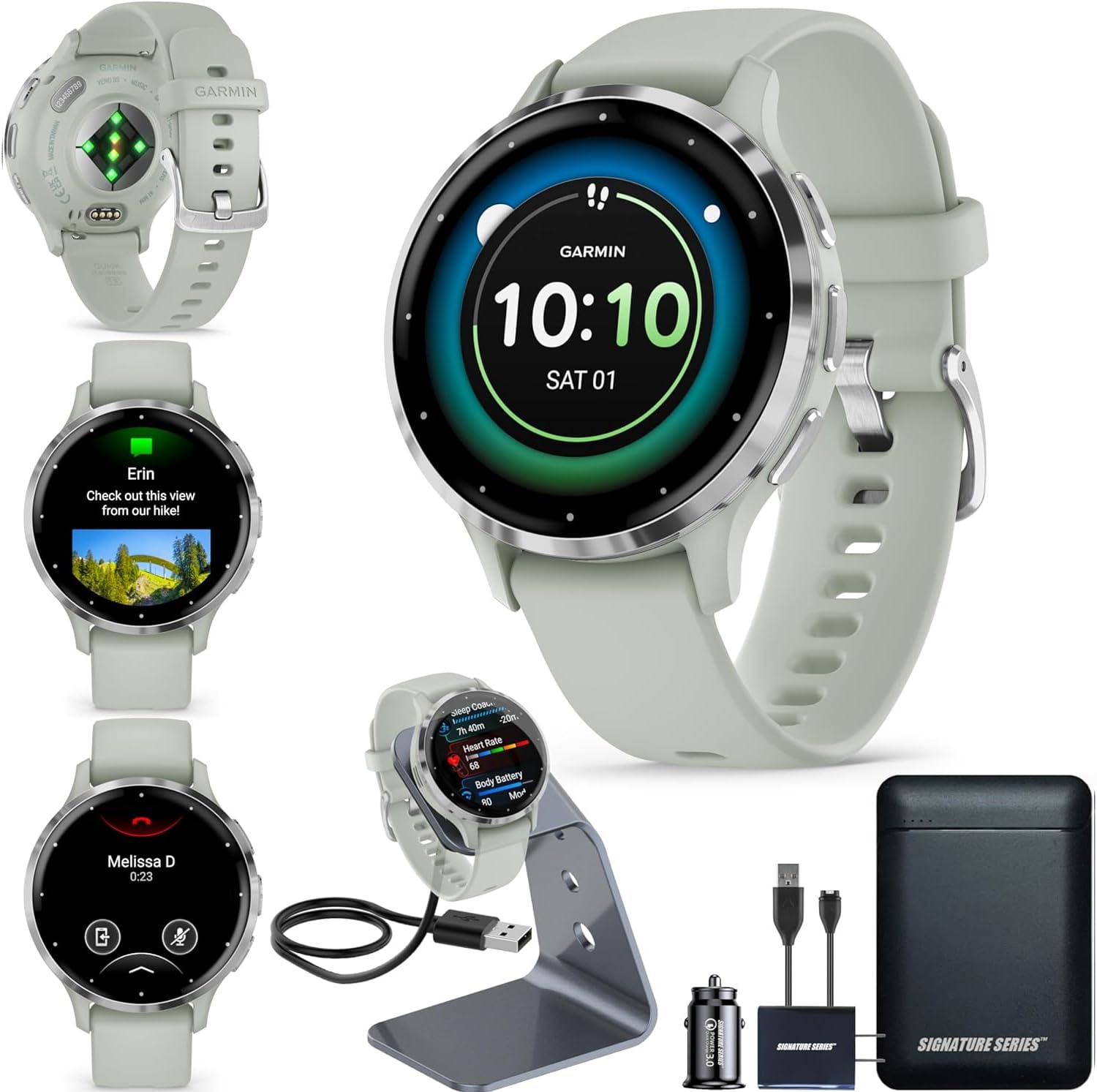 Garmin Venu 3S Running GPS Smartwatch with AMOLED Display, Advanced Health, Fitness Features, Up to 14 Day Battery Life with Signature Power Bundle | Silver with Sage Gray Silicone Band