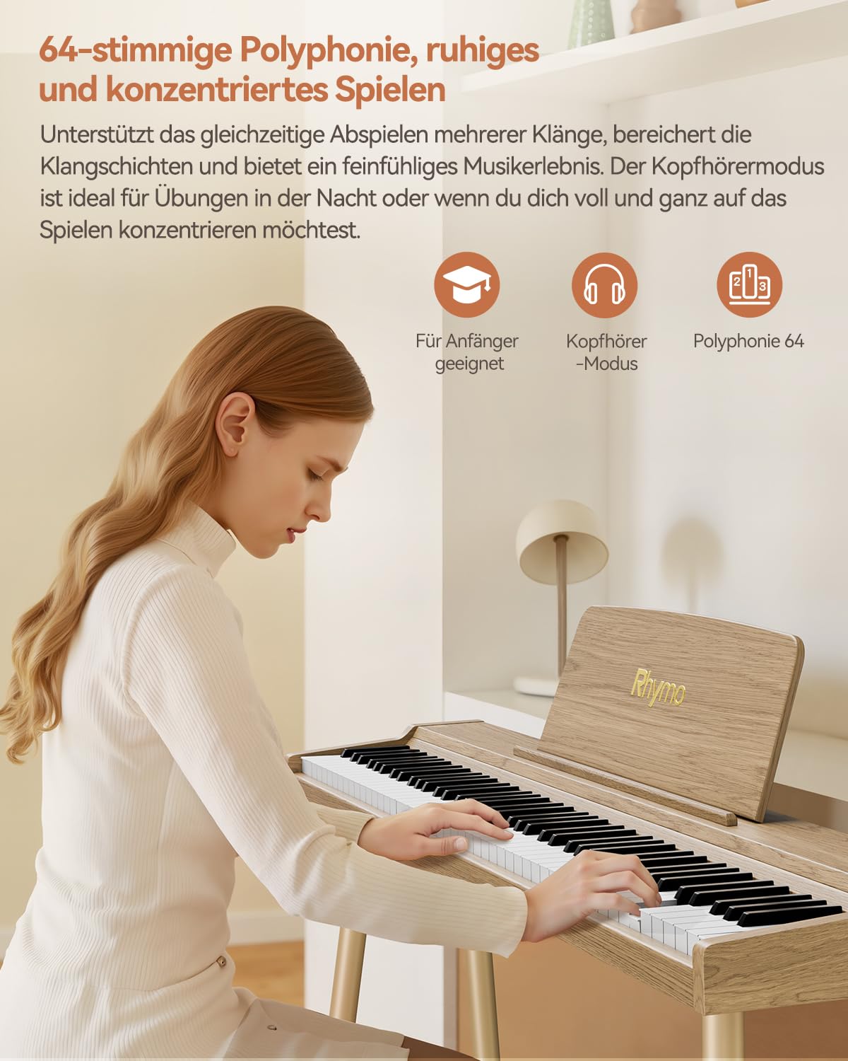 Rhymo Digital piano 88 Tasten Semi-Gewichtet - E-Piano mit Ständer, Triple Pedal, Bluetooth Audio/MIDI, 20W Lautsprecher, Mikrofon-Eingang, Dual Player Mode