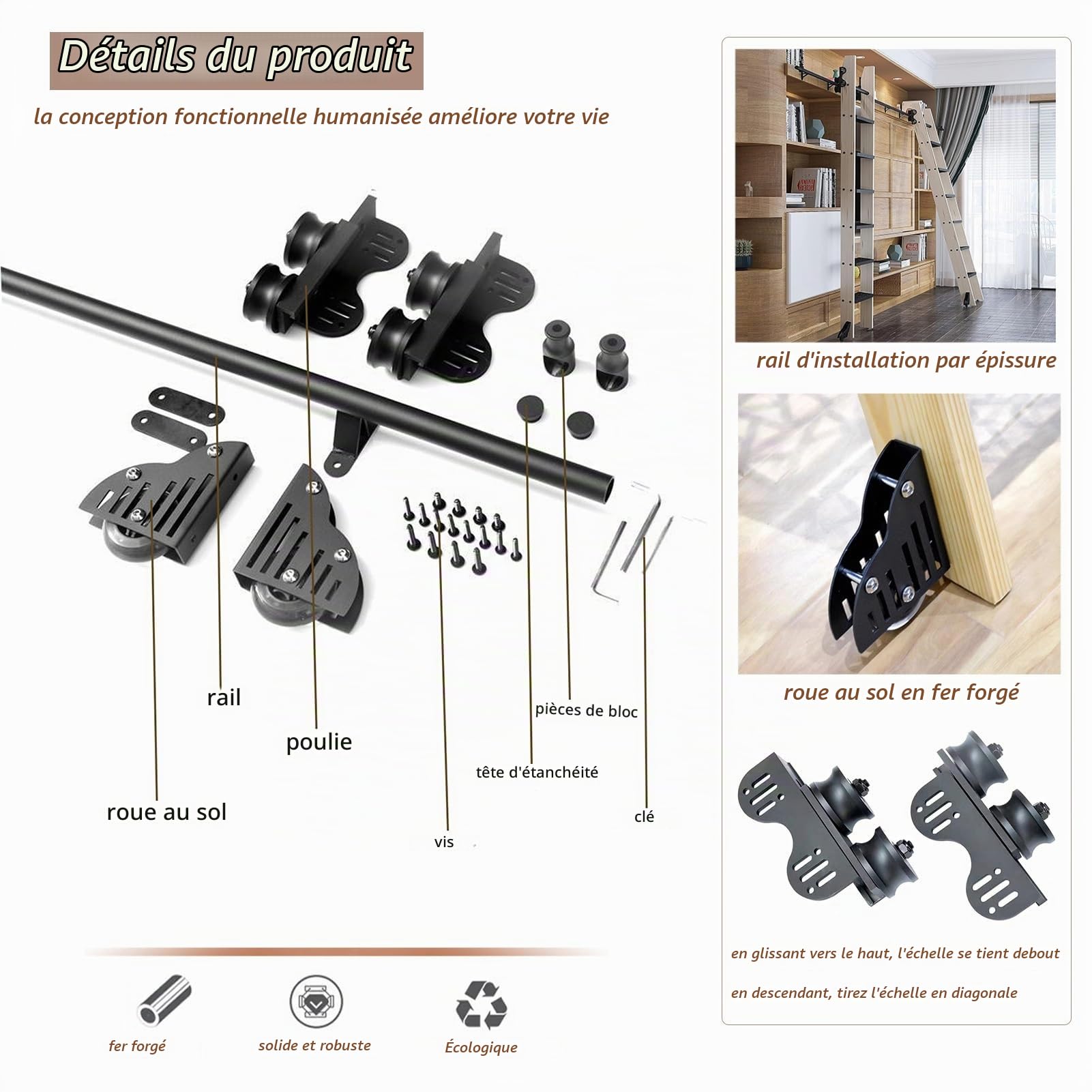Support de Rail d'échelle de bibliothèque roulante rétractable (sans échelle), kit de matériel d'échelle coulissante Noire, Rail/Rail d'échelle Mobile pour loft/étude/Salon avec po