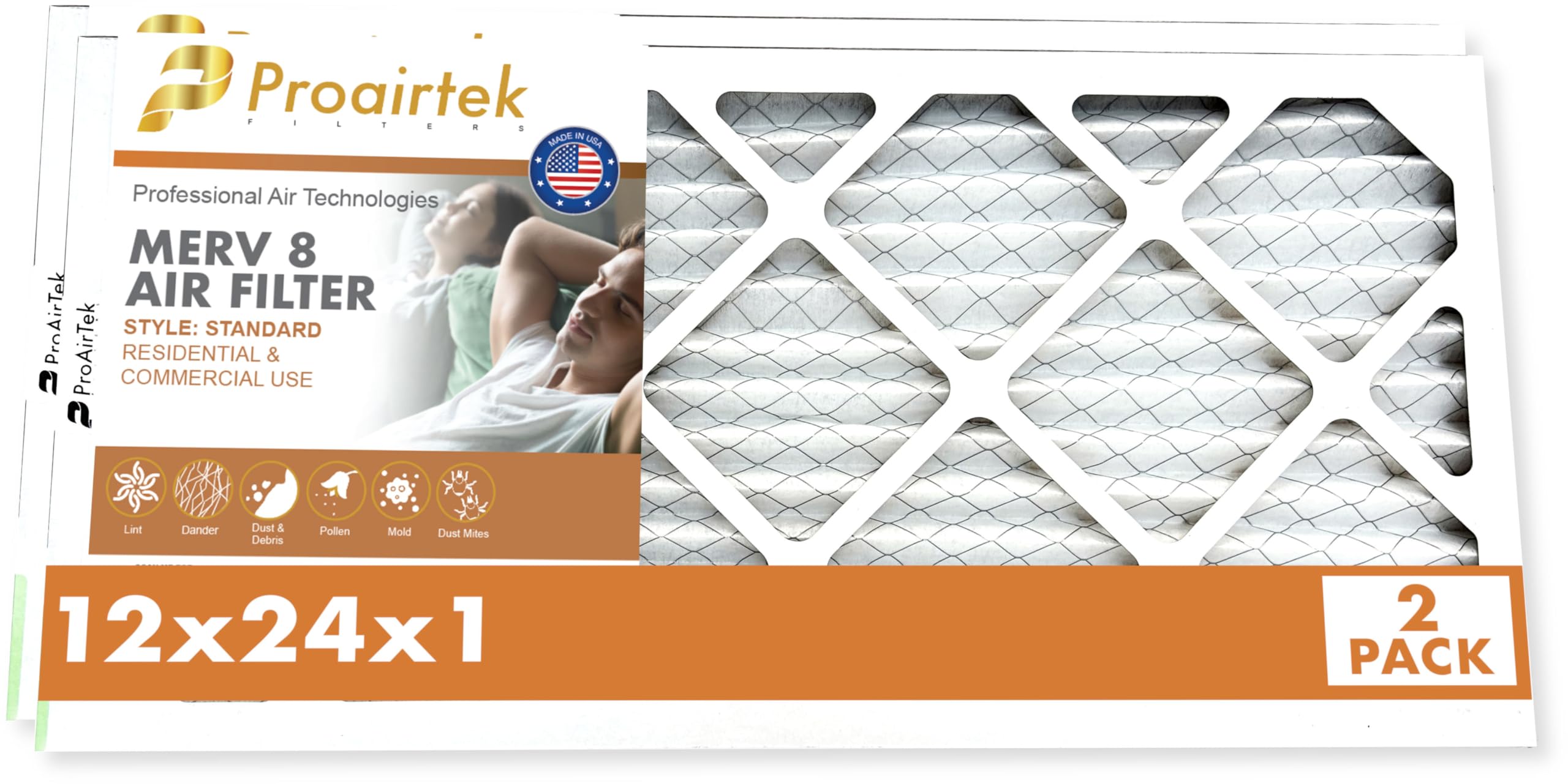 Proairtek AF12241M08SWH Model 12x24x1 Pack of 2 Air Filters, MERV 8; Ideal for Anyone Wanting Clean, Crisp Air in Their Home; It Captures Microscopic Airborne Particles Without Impacting Air Flow