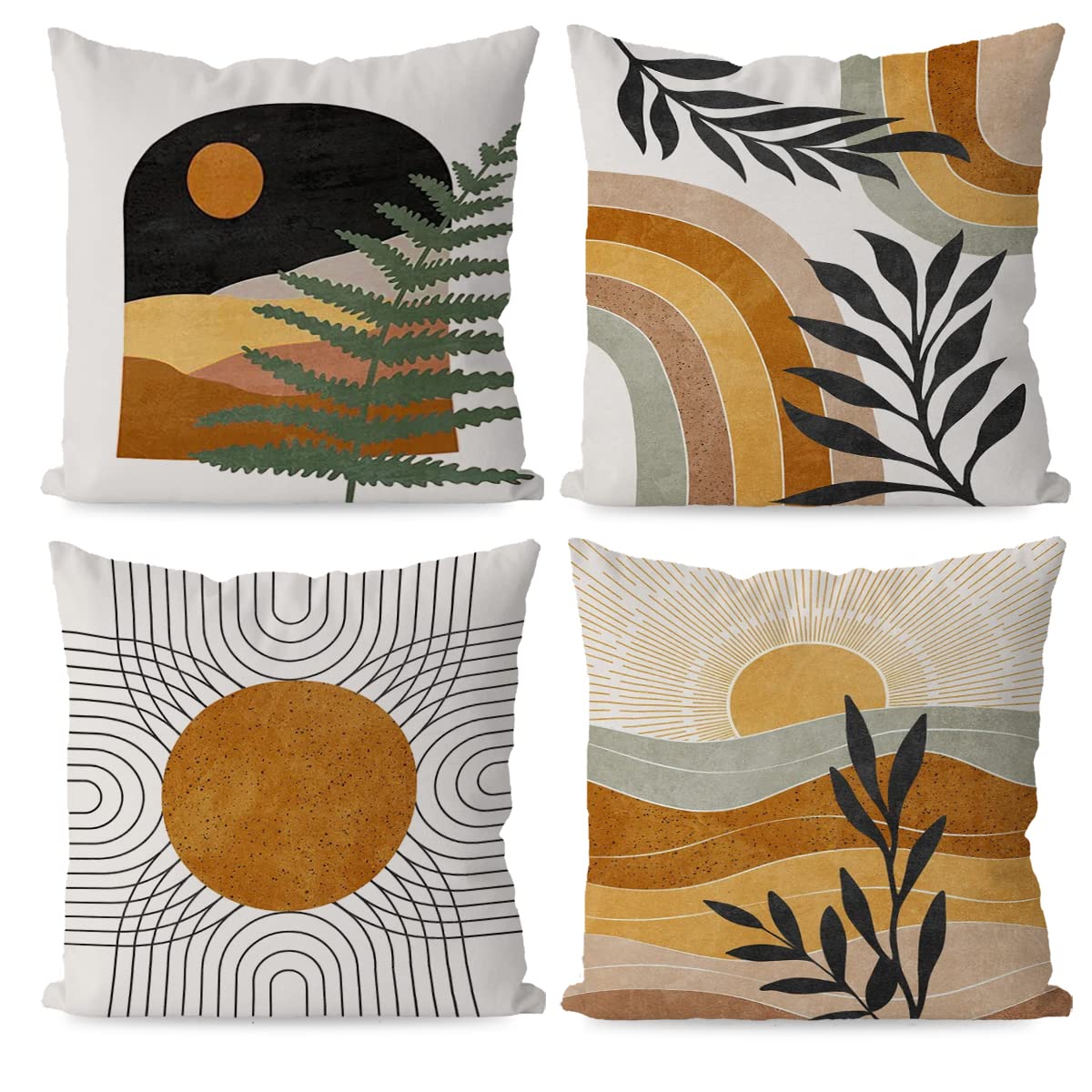 KEUSPI Boho Pillow Coves Sun Rainbow Botanical Leaf Mountain Nature Landscape Throw Pillow Covers,Boho Throw Pillow Covers 18×18 Set of 4,Home Bedroom