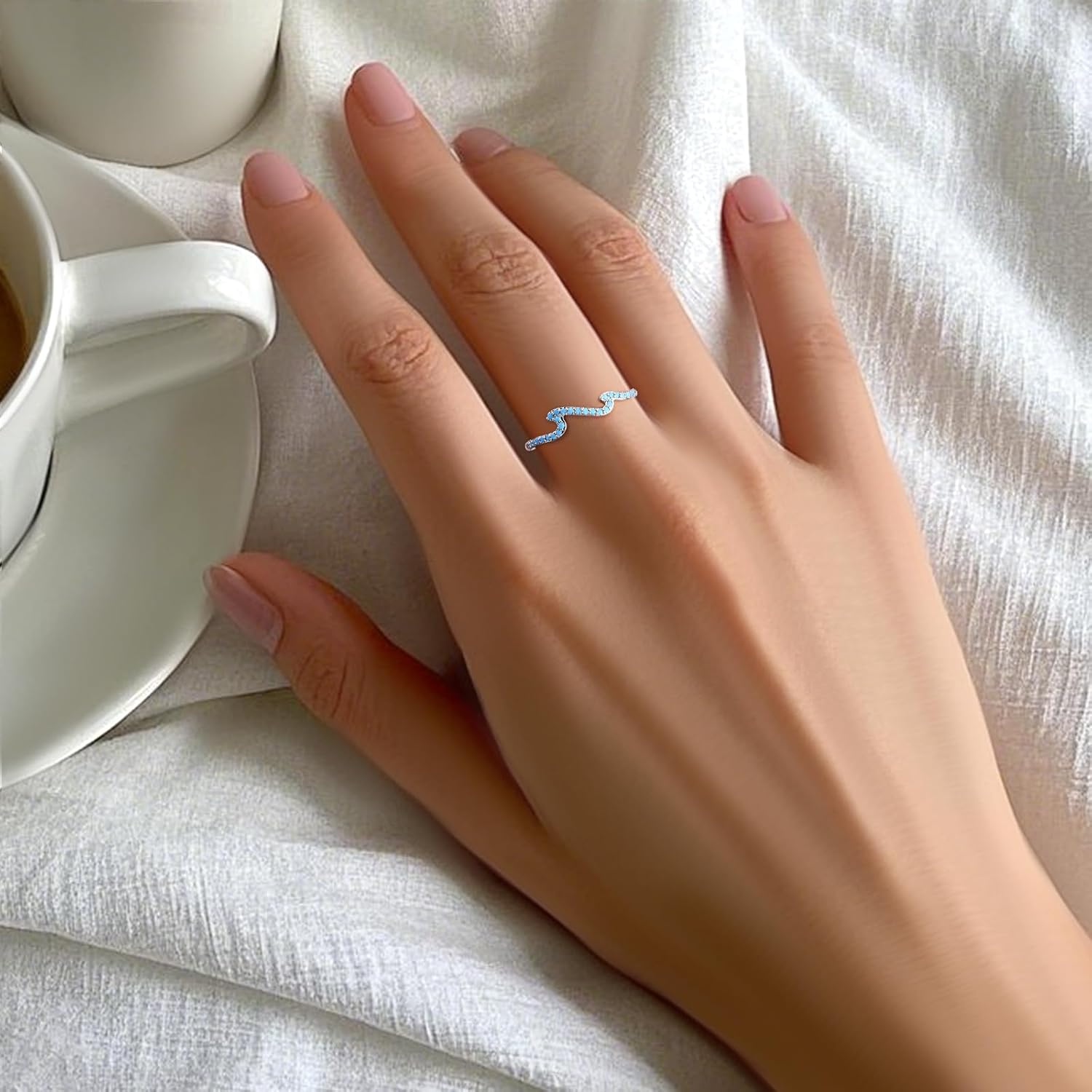 Sterling Silver Turquoise Wave Ring for Women Boho Style Stackable Statement Rings with Real Turquoise Jewelry Gemstone Rings for Beach or Vacation - Image 6