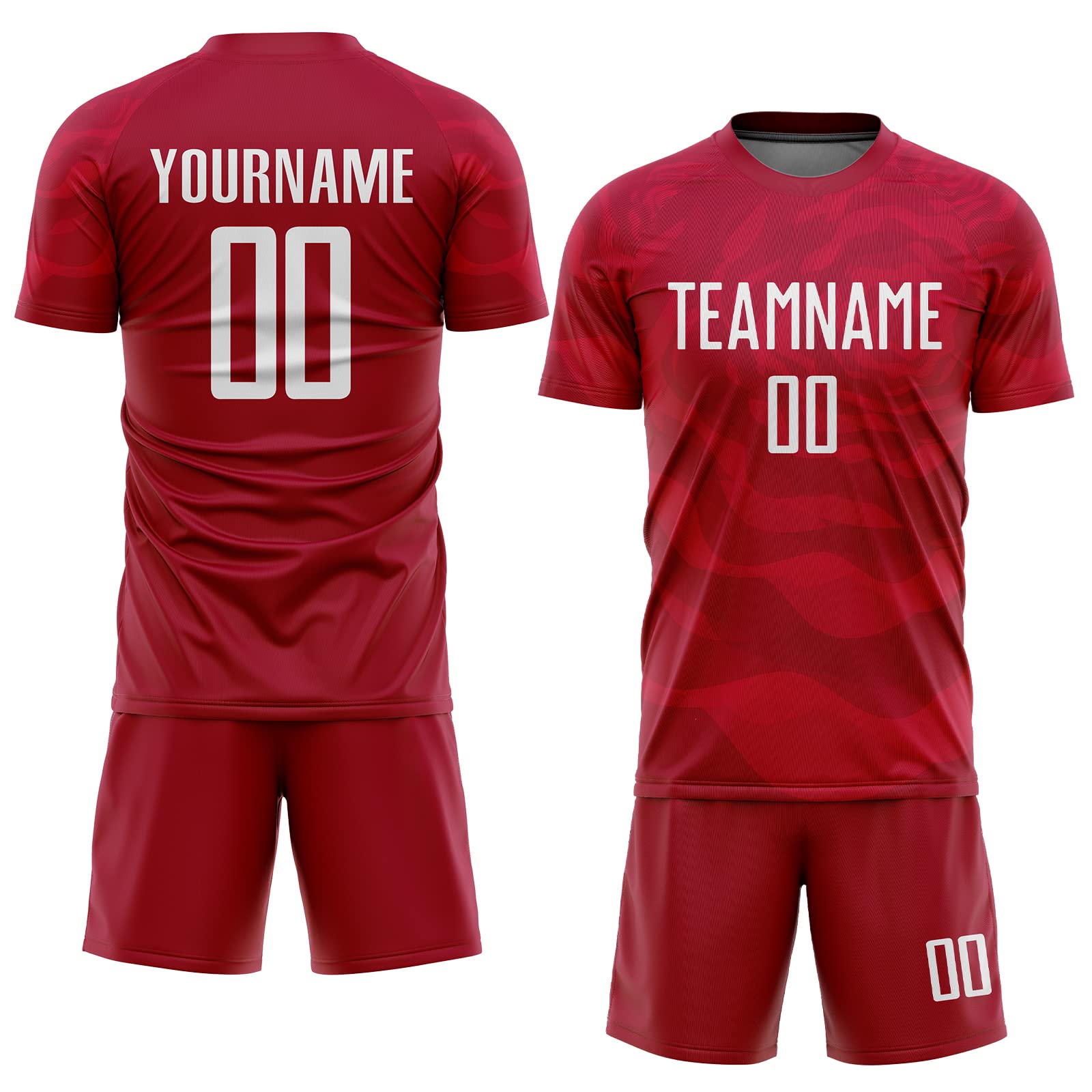 Customizable Red Rose Flower Pattern Soccer Jerseys with Printed Team Name Number, Designed Wave Texture Sports Fan Practice Tee Shirts for Men Women Boys Girls, Custom Crimson Football Apparels