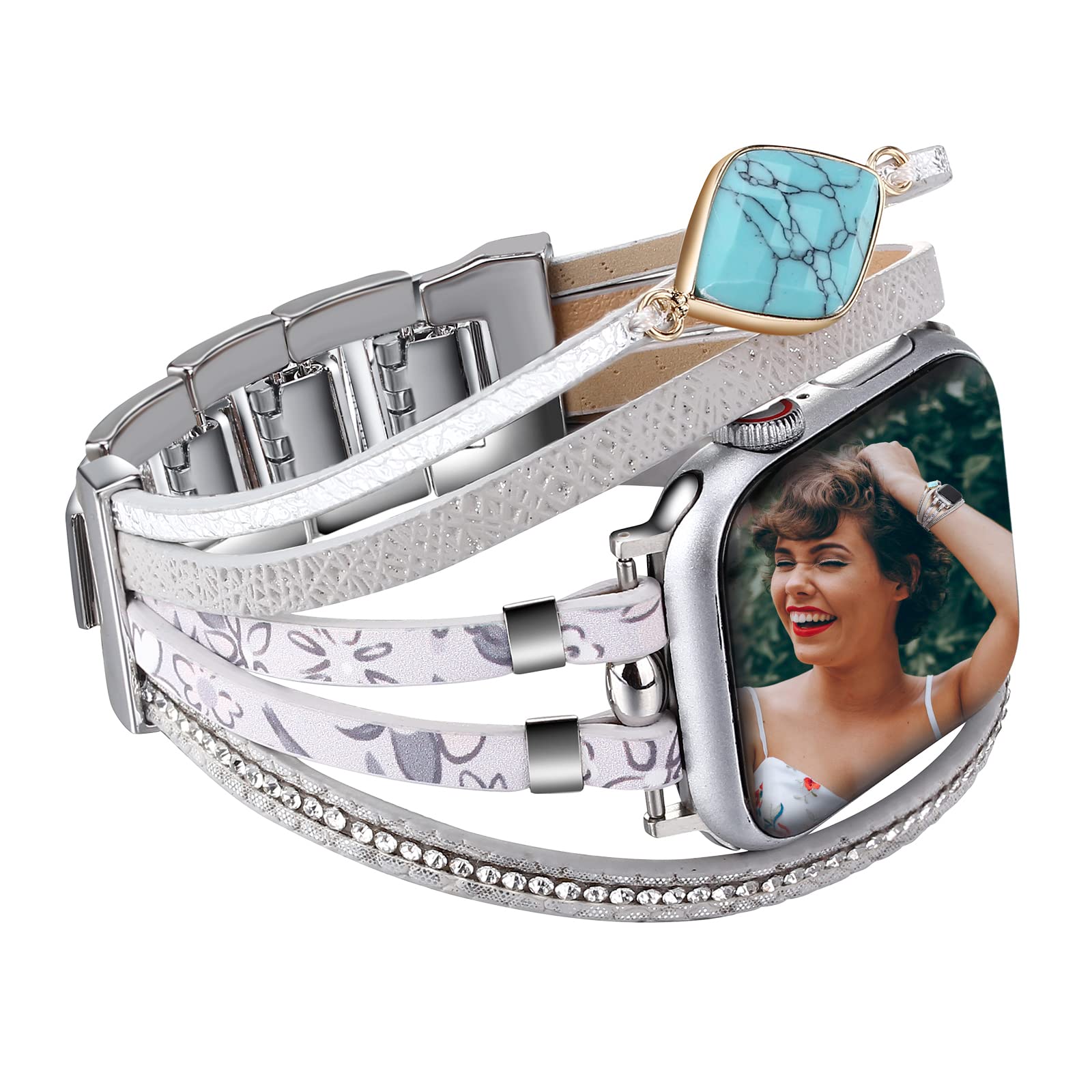 HARAVAL Boho Leather Band Compatible with Apple Watch Band 49mm 45mm 44mm 42mm, Natural Stone Handmade Wristband Wrap Apple Watch Strap for iWatch Series 8/7/6/5/4/3/2/1/SE/Ultra, Silver