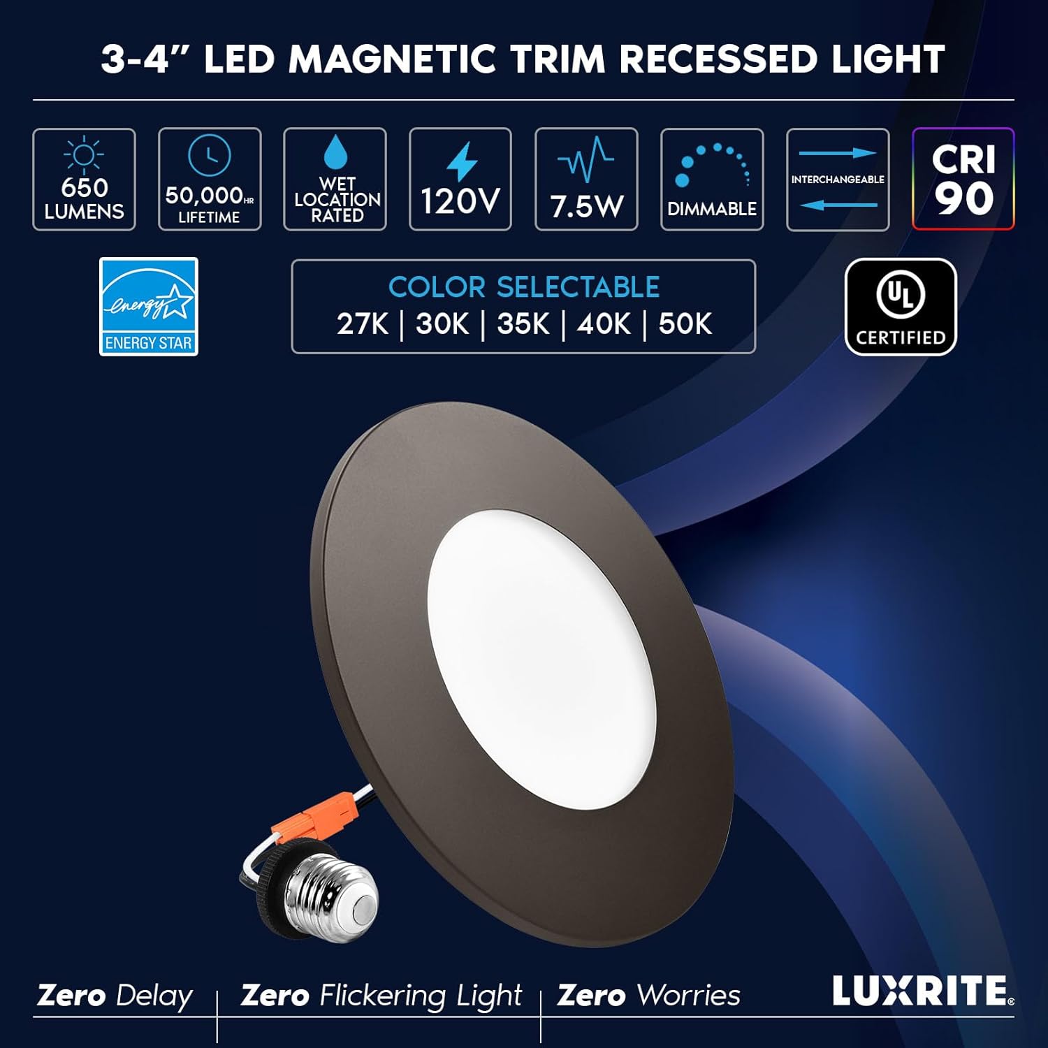 LUXRITE 3-4 Inch LED Flush Mount & Recessed Light, 7.5W, 5CCT 2700K-5000K, 650LM, Magnetic Trim, Dimmable Ceiling Can Light, Install to J-Box or 4 Inch Housing, Wet Rated, UL Listed, Bronze