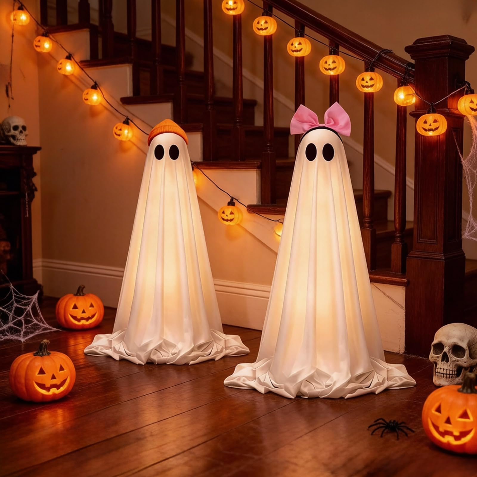 Dekoracje halloweenowe na zewnątrz i wewnątrz, 2 sztuki, świecące urocze dekoracje, DIY, stojący zestaw dekoracyjny z małymi, na podwórka, do ogrodu, na werandę i imprezę, rzeźby ogrodowe (białe