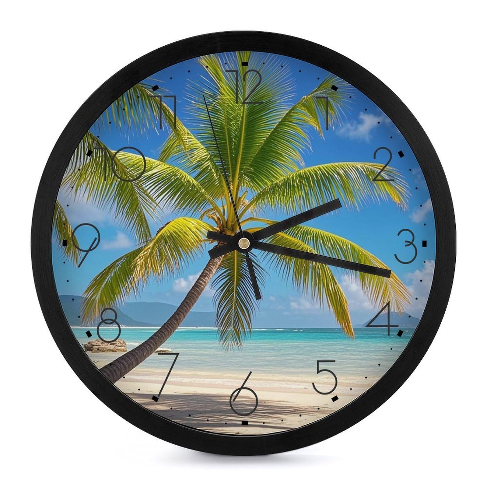 Horloge ronde silencieuse à piles avec motif palmier pour chambre moderne