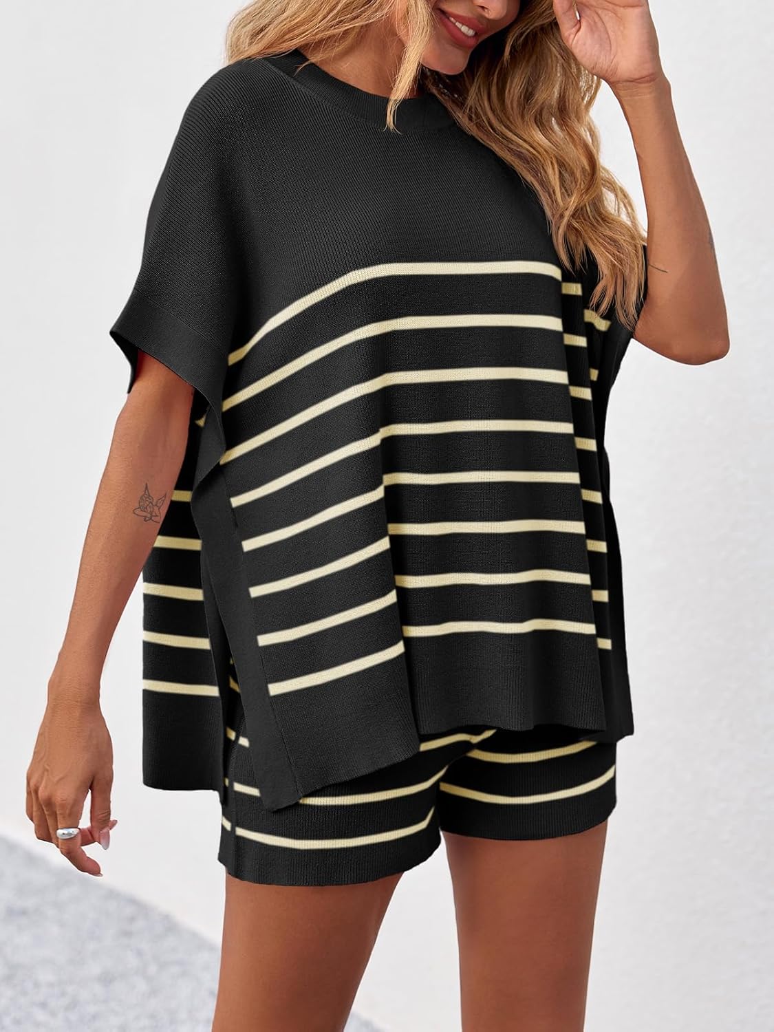 Fisoew Women's Striped 2 Piece Outfits Oversized Batwing Short Sleeve Tops High Waisted Shorts Summer Knit Lounge Short Sets - Image 3