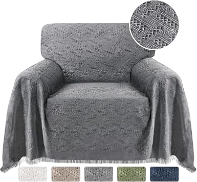 Turquoize Cotton Mixed Medium Blanket 71x 91, Grey - Geometrical Woven Jacquard Fabric, Durable, Machine Washable, for Sofa, Couch, Futon, Protector, Cover, Throw