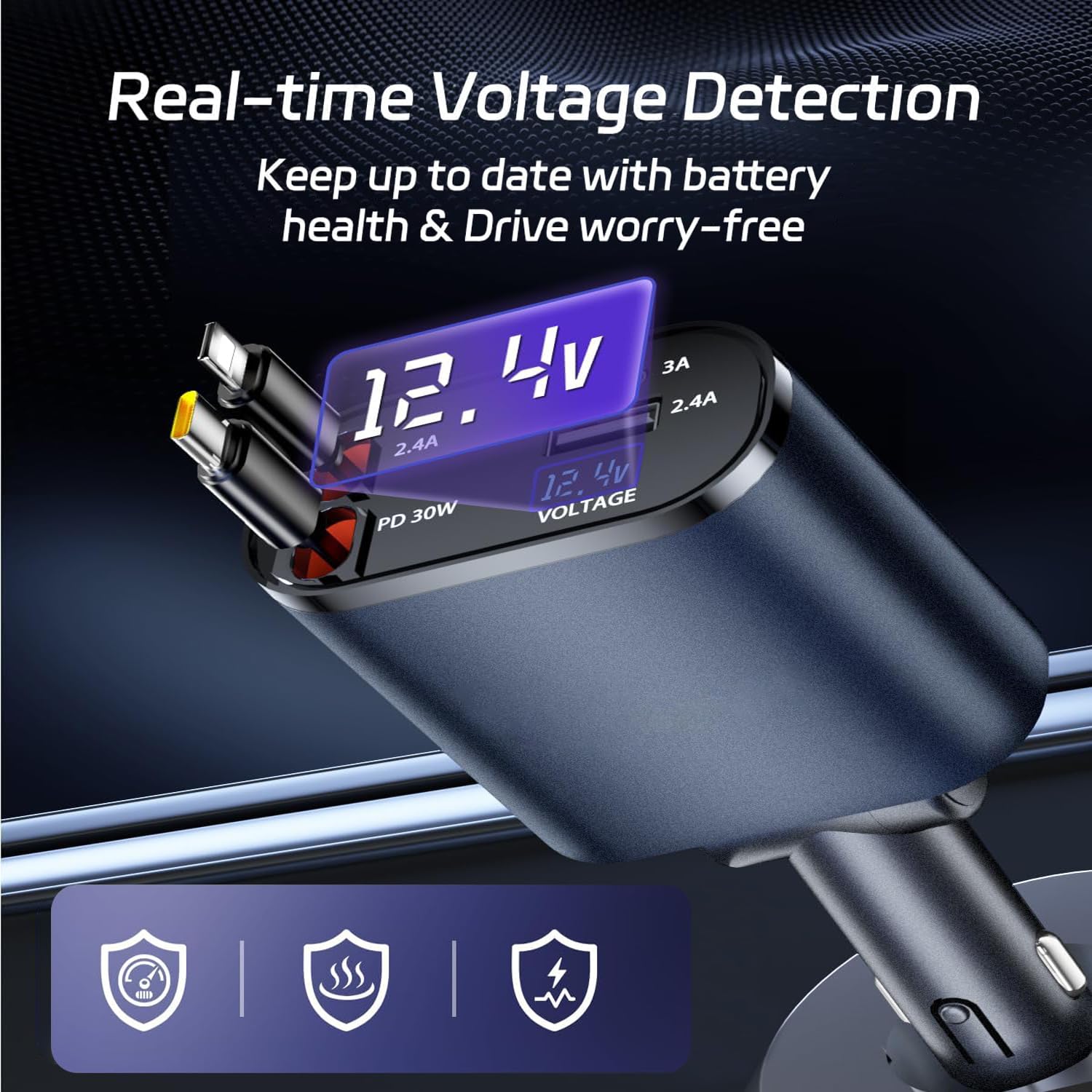 GadgetBite Car Charger 120 Watt 4 in 1 Charger with Retractable Cables & Dual Ports Type C cable and Lighting cable Super Fast Charger Compatible With iPhone 17 to 11 Pro Max Android iPad Pixel - Blue