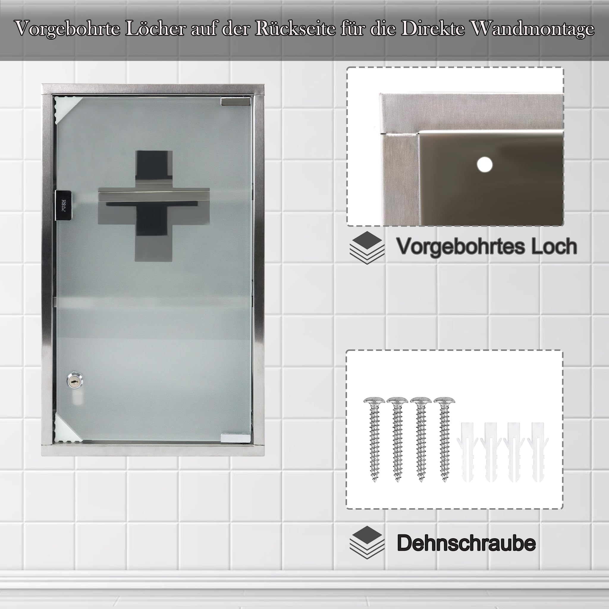 HENGMEI Armoire à Pharmacie Verrouillable à 6 Compartiments avec Porte en Verre Dépoli pour Produits Pharmaceutiques, Médicaments 30 x 12 x 50 cm