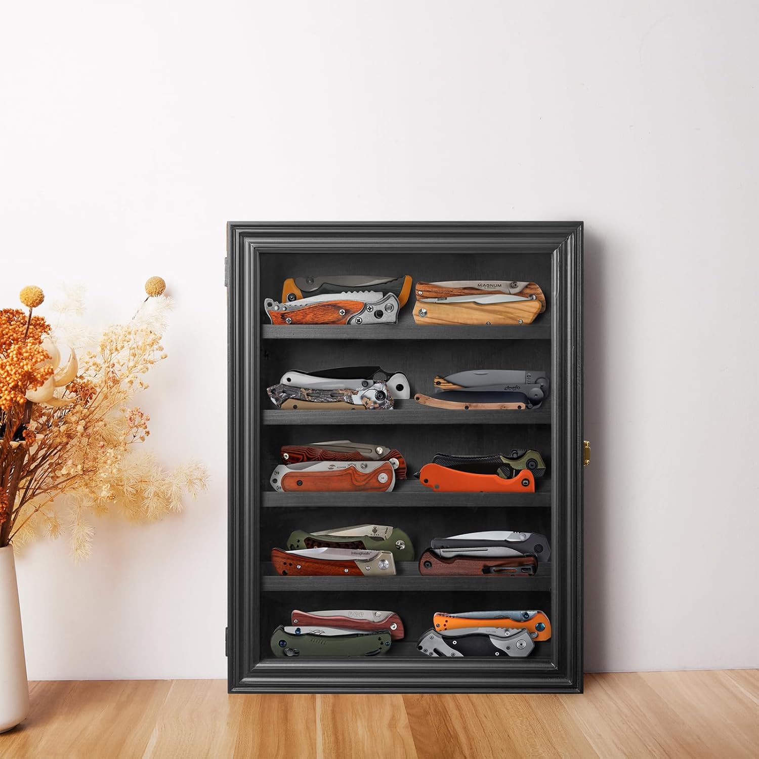 ZAYALI Pocket Knife Display Case for Wall, Pocket Knife Stand for Collections with Uv Protection Acrylic Lockable, 5 Rows Military Folding Knife Stand with Removable 2 Grooves Shelves Black