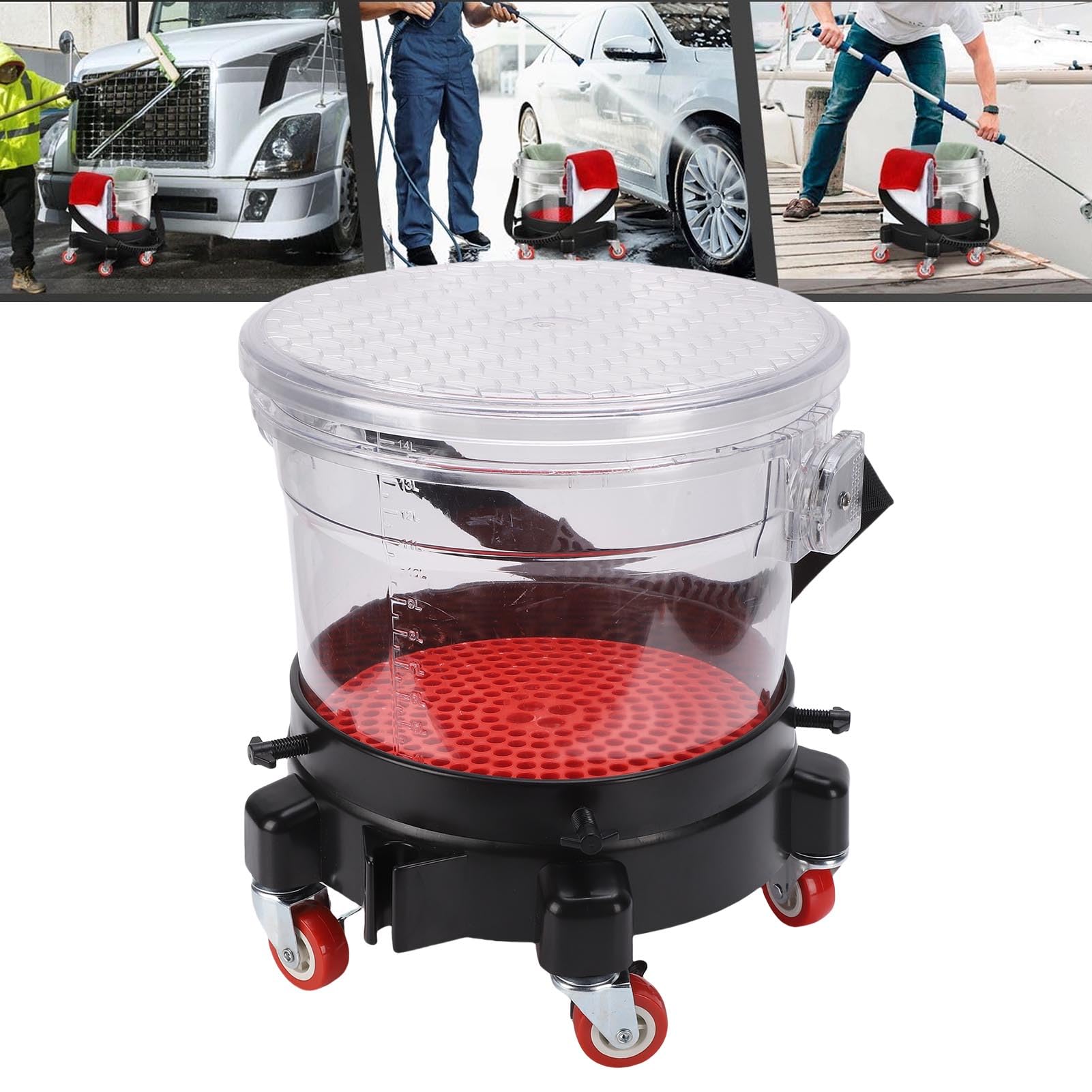 Tyenaza Car Bucket Wash System 15L Washing Detailing Kit Include Grit Trap 5 Castor Bucket Dolly Lid Transparent