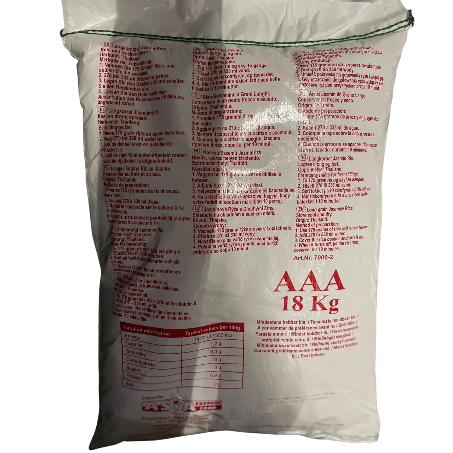 Royal Thai Rice ryż zapachowy jaśminowy, długoziarnisty 18 kg – jakość premium z Tajlandii, 100% naturalny ryż | idealny do potraw z woka, kuchni azjatyckiej i dodatków z naklejką Kajal