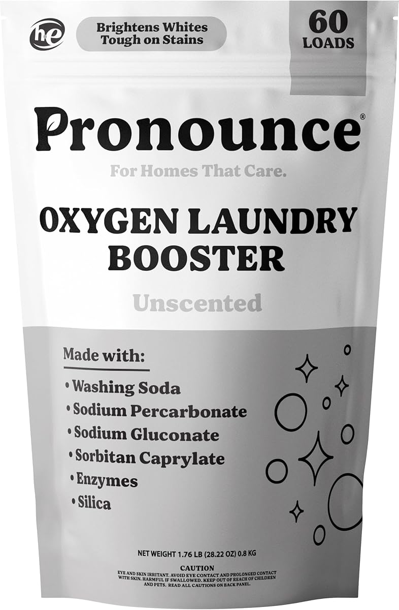 Pronounce Oxygen Laundry Booster with Enzymes - Brightens White & Tough on Stains, Fights Odor. Stain Remover, Cleaner Ingredients, Fragrance Free - Ultra Concentrated, HE - 60 Loads (Unscented)