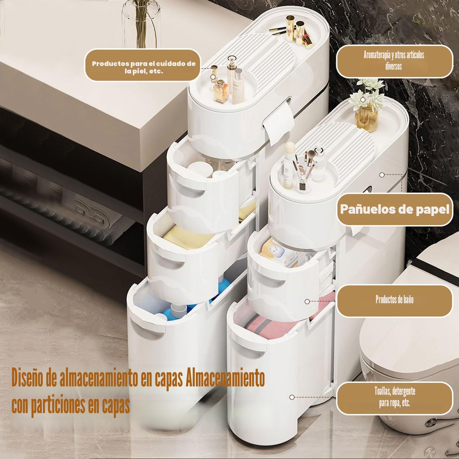 Gabinete de Piso de Baño Estrecho de 17 Cm con Ruedas Y Soporte para Papel Higiénico, Gabinete de Almacenamiento de Baño de Plástico Delgado de 2/3/4 Niveles con Cajones para Espacio
