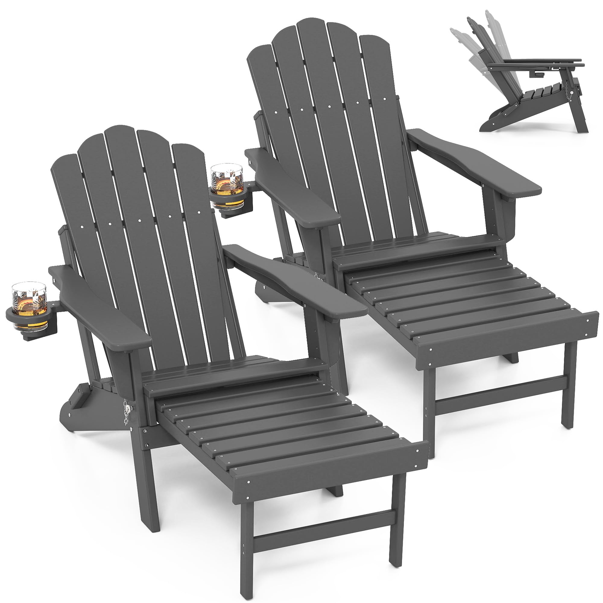 FOOWIN Adjustable Adirondack Chair with Retractable Ottoman Set of 2, Folding Adirondack Chair with Cup Holder, HDPE All-Weather Fire Pit Chair for