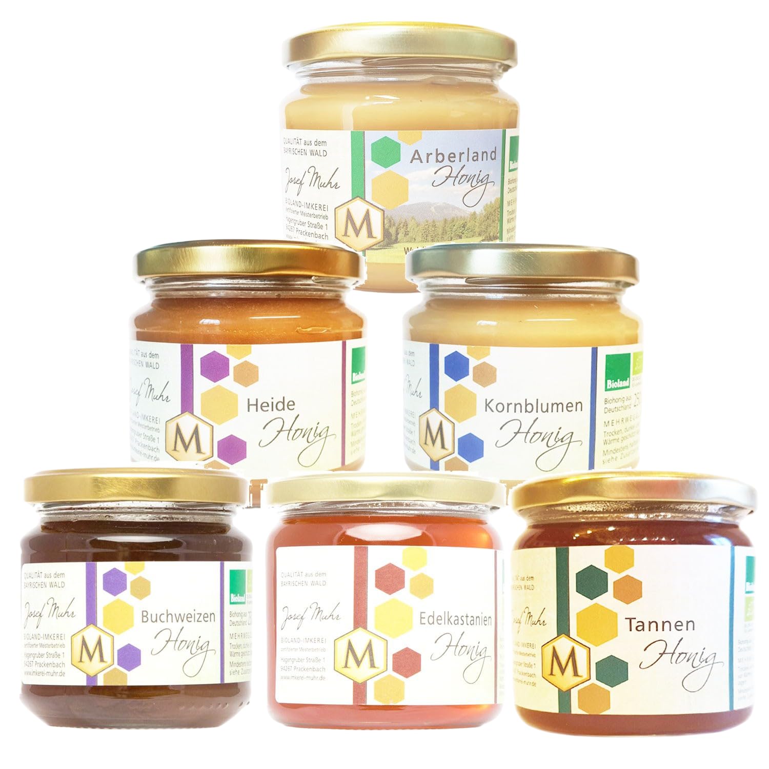 Josef Muhr BIOLAND Honig 6×250 g – Unsere Besonderen Bio Honige, Arberland, Kornblumen, Edelkastanien, Buchweizen, Heide und Tannen - Deutscher Honig - naturbelassen – Probier-Set im Glas
