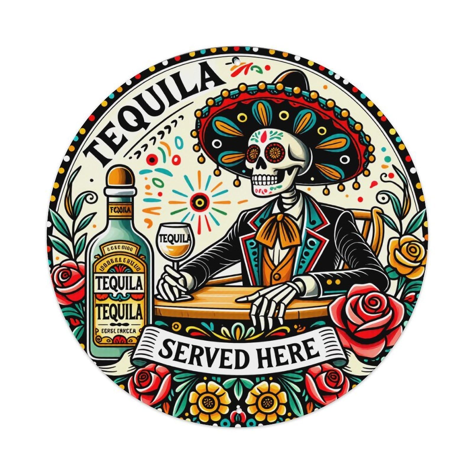 Jdyaojiesheng Vintage Day Of The Dead Tequila Round Tin Sign Retro Metal Wall Decor Metal Poster, Home Bar Garage Farmhouse Cafe Wall Art Decoration 8X8inches
