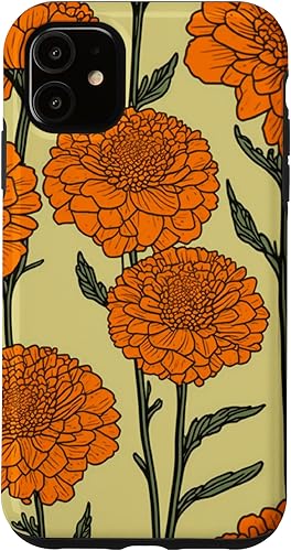 Funda naranja floral moderna para iPhone 11 Marigold Flower Line Art